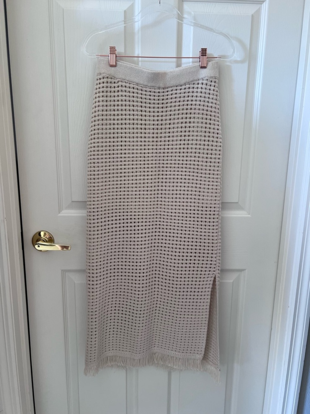 Miou Muse Cream Knit Festival Beach Midi Fringe Skirt Large NWOT